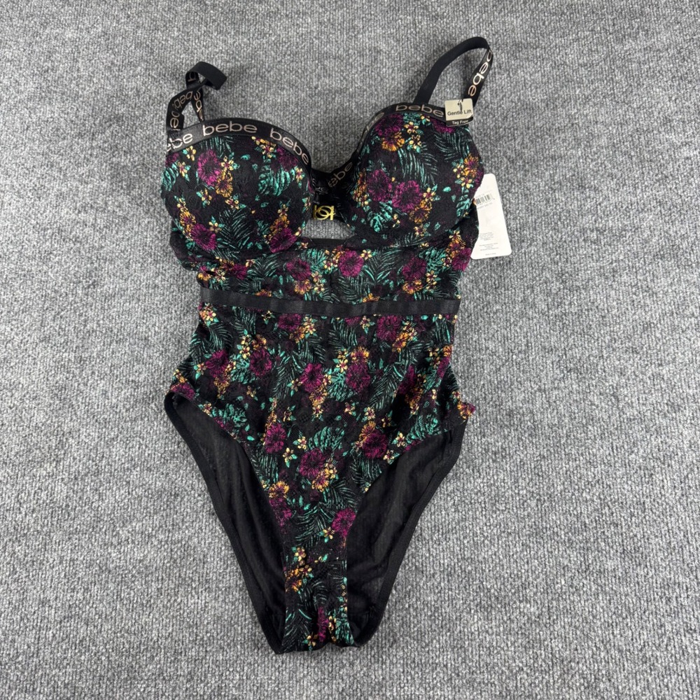 Bebe Intimates Floral Lace Underwire Bodysuit Black Tropical 1X BS646 NWT
